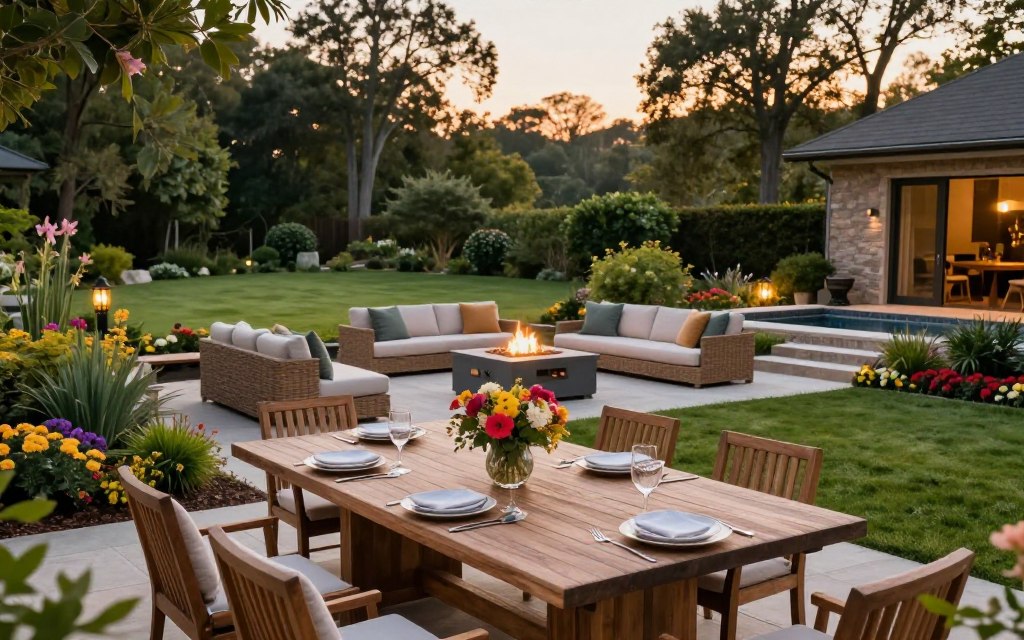 A beautifully designed outdoor living space set in a serene backyard during golden hour. In the foreground, a cozy patio area features a rustic wooden table adorned with elegant place settings and a vibrant centerpiece of flowers. Surrounding the patio, lush greenery and colorful flower beds create a tranquil atmosphere. In the middle ground, a stylish fire pit with comfortable seating encourages relaxation, while ambient garden lights softly illuminate the space. The background reveals a well-maintained lawn, dotted with tall trees and a small water feature, enhancing the peaceful environment. The overall mood is inviting and harmonious, perfect for gathering with friends and family, captured with soft natural lighting and a wide-angle view to showcase the charm of this outdoor retreat. - Magnolia Landscape Construction A beautifully designed outdoor living space set in a serene backyard during golden hour. In the foreground, a cozy patio area features a rustic wooden table adorned with elegant place settings and a vibrant centerpiece of flowers. Surrounding the patio, lush greenery and colorful flower beds create a tranquil atmosphere. In the middle ground, a stylish fire pit with comfortable seating encourages relaxation, while ambient garden lights softly illuminate the space. The background reveals a well-maintained lawn, dotted with tall trees and a small water feature, enhancing the peaceful environment. The overall mood is inviting and harmonious, perfect for gathering with friends and family, captured with soft natural lighting and a wide-angle view to showcase the charm of this outdoor retreat.