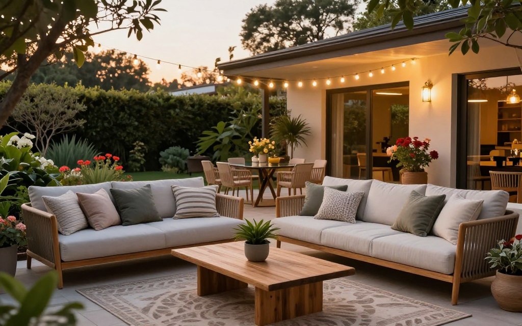 A beautifully designed outdoor living space that resembles a cozy, inviting room. In the foreground, a comfortable sectional sofa with plush cushions, adorned with decorative pillows, sits atop a stylish outdoor rug. A modern coffee table made of natural wood with a centerpiece of potted plants adds a touch of greenery. In the middle, an elegant dining area featuring a sleek glass table surrounded by high-backed chairs, with ambient string lights overhead providing warm illumination. In the background, lush greenery and blooming flowers create a serene garden atmosphere, with tall trees framing the scene. Soft golden hour lighting casts a warm glow, enhancing the tranquil mood, while the angle captures the inviting essence of this stylish outdoor retreat. - Magnolia Landscape Construction A beautifully designed outdoor living space that resembles a cozy, inviting room. In the foreground, a comfortable sectional sofa with plush cushions, adorned with decorative pillows, sits atop a stylish outdoor rug. A modern coffee table made of natural wood with a centerpiece of potted plants adds a touch of greenery. In the middle, an elegant dining area featuring a sleek glass table surrounded by high-backed chairs, with ambient string lights overhead providing warm illumination. In the background, lush greenery and blooming flowers create a serene garden atmosphere, with tall trees framing the scene. Soft golden hour lighting casts a warm glow, enhancing the tranquil mood, while the angle captures the inviting essence of this stylish outdoor retreat.