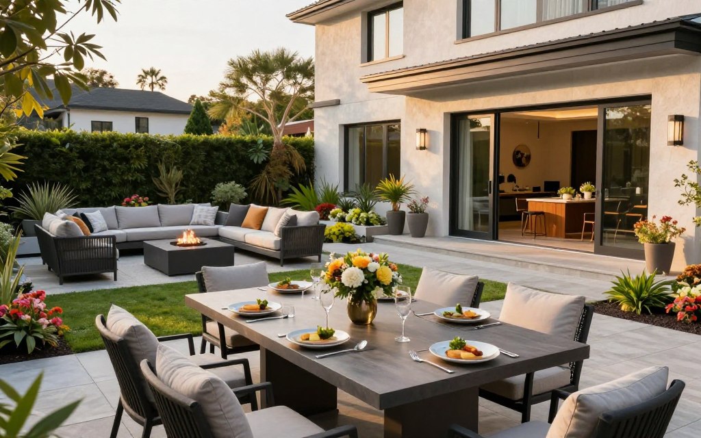 A stylish and modern backyard outdoor living space for 2026. In the foreground, a luxurious outdoor dining table set with elegant dishes and a centerpiece of fresh flowers, surrounded by comfortable, chic seating. In the middle ground, a beautifully landscaped area with lush greenery, colorful flower beds, and a sleek fire pit with cozy seating around it. The background features a contemporary home with large glass doors opening to the outdoor space, allowing natural light to flood in. The scene is bathed in warm, golden hour lighting, creating a welcoming and relaxing atmosphere. Photo taken with a wide-angle lens to capture the expansive layout, showcasing trendy outdoor decor and inviting vibes. - Magnolia Landscape Construction A stylish and modern backyard outdoor living space for 2026. In the foreground, a luxurious outdoor dining table set with elegant dishes and a centerpiece of fresh flowers, surrounded by comfortable, chic seating. In the middle ground, a beautifully landscaped area with lush greenery, colorful flower beds, and a sleek fire pit with cozy seating around it. The background features a contemporary home with large glass doors opening to the outdoor space, allowing natural light to flood in. The scene is bathed in warm, golden hour lighting, creating a welcoming and relaxing atmosphere. Photo taken with a wide-angle lens to capture the expansive layout, showcasing trendy outdoor decor and inviting vibes.
